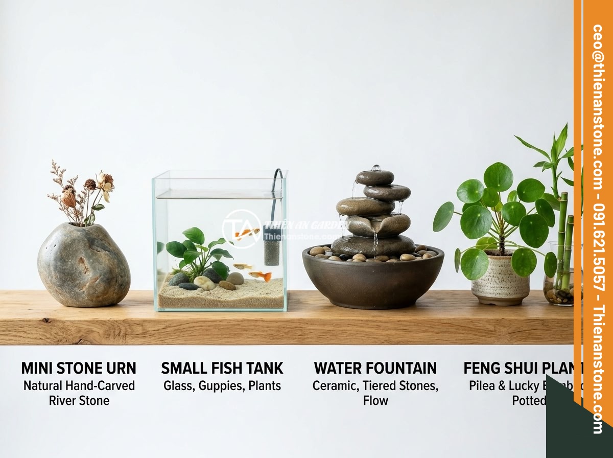 Chum đá phong thủy mini cho chung cư và ban công: Có đáng để đầu tư? - A comparison display showing different feng shui items side by side on a white b