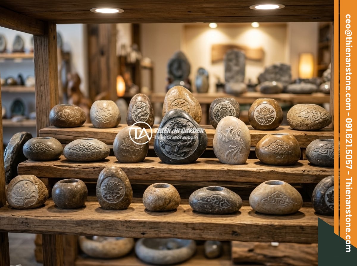 Chum đá phong thủy mini cho chung cư và ban công: Có đáng để đầu tư? - Various mini feng shui stone urns displayed in a showroom, different colors and 