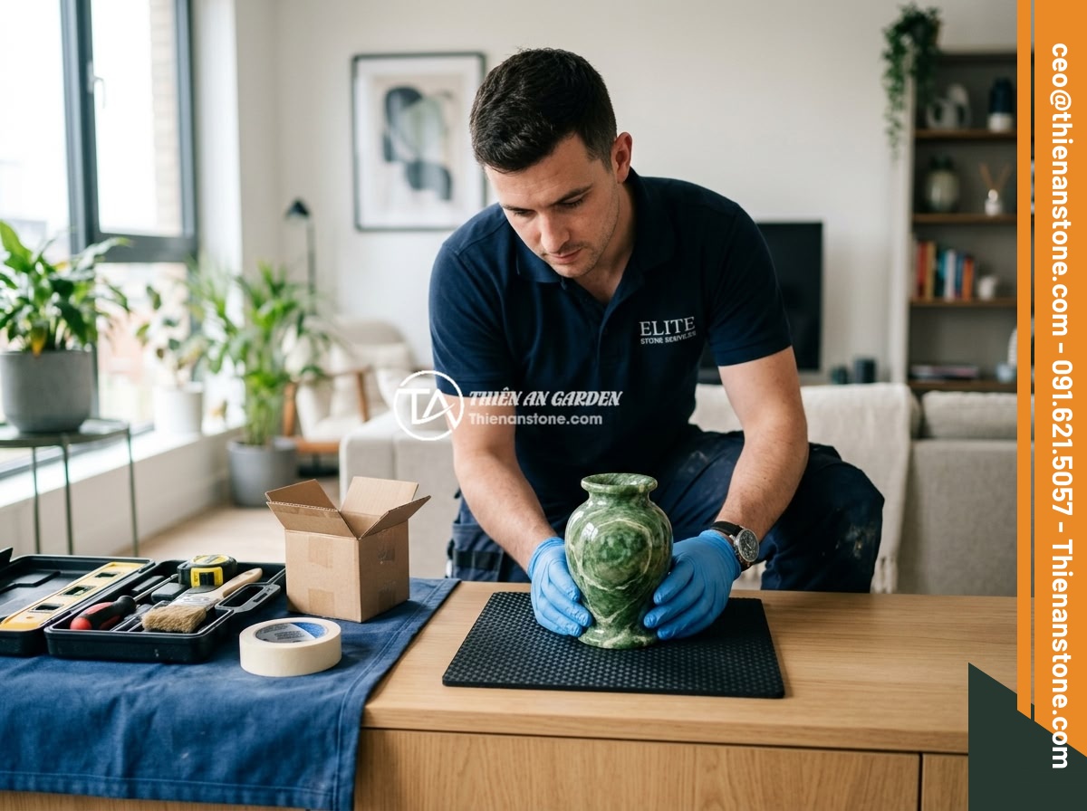 Chum đá phong thủy mini cho chung cư và ban công: Có đáng để đầu tư? - A professional installer carefully placing a mini stone feng shui urn on a rubbe
