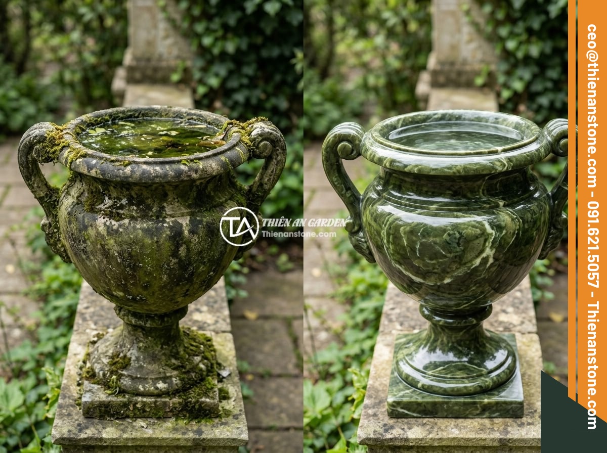Chum đá phong thủy mini cho chung cư và ban công: Có đáng để đầu tư? - A neglected stone urn with dirty stagnant water and moss compared to a well-main