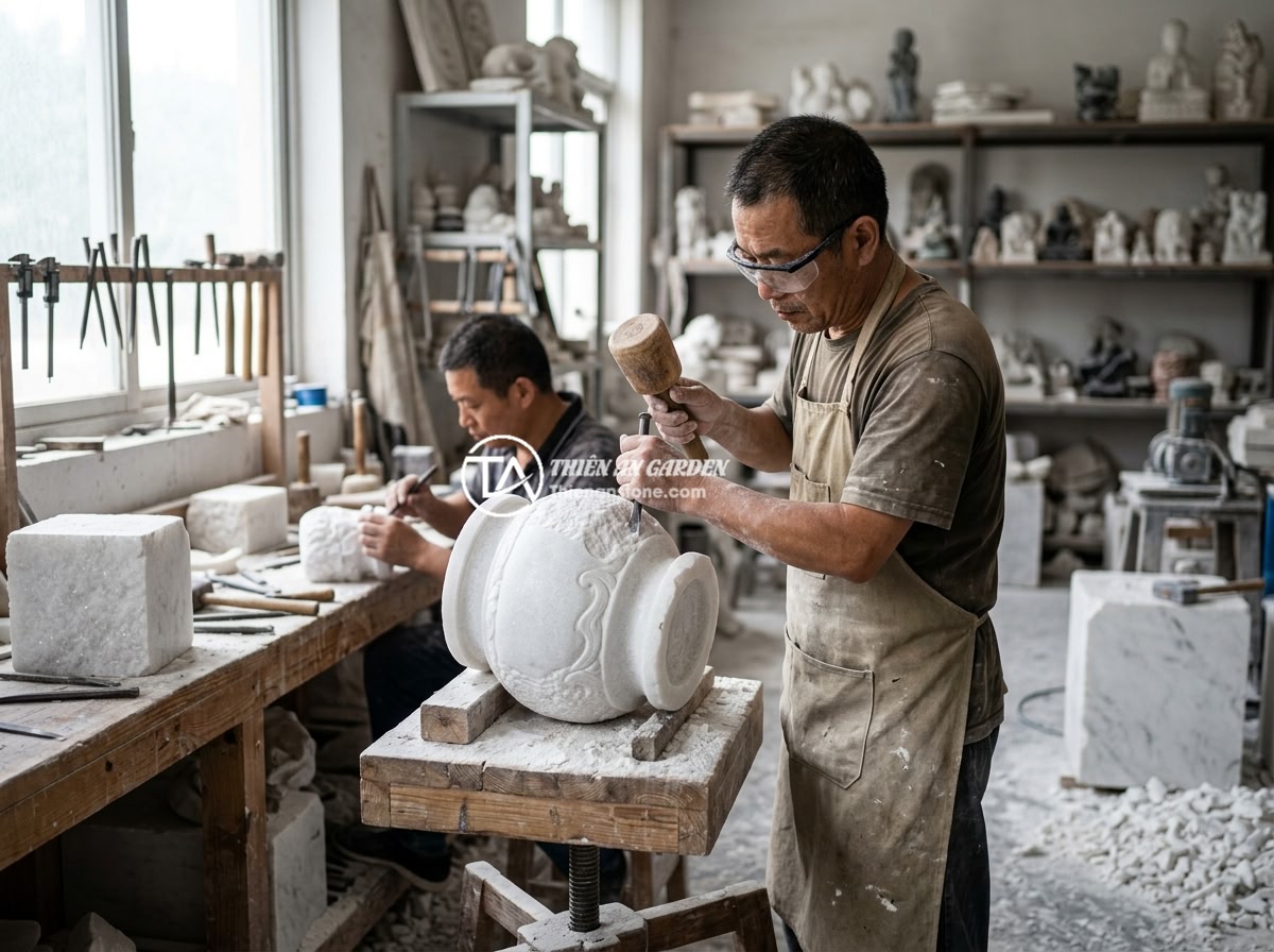 Chum đá phong thủy theo ngũ hành: Chọn loại hợp mệnh gia chủ chính xác nhất - A professional stone carving workshop with artisans hand-crafting a feng shui st