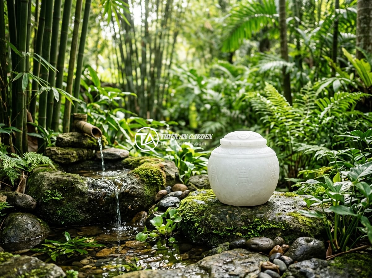 Chum đá phong thủy theo ngũ hành: Chọn loại hợp mệnh gia chủ chính xác nhất - A green jade natural stone feng shui jar placed in a lush green garden with bamb