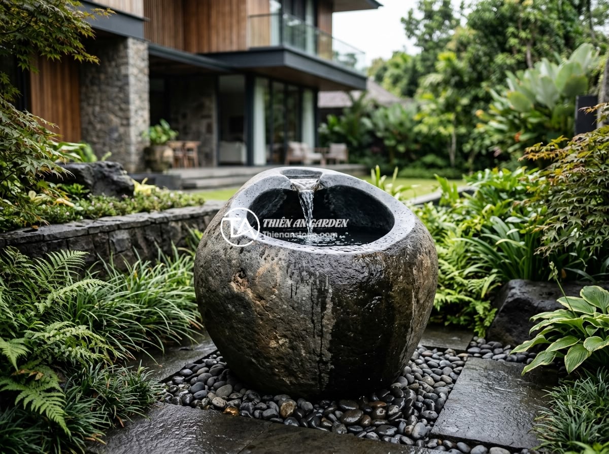 Chum đá phong thủy theo ngũ hành: Chọn loại hợp mệnh gia chủ chính xác nhất - A polished black granite feng shui stone jar with smooth rounded edges, water fl