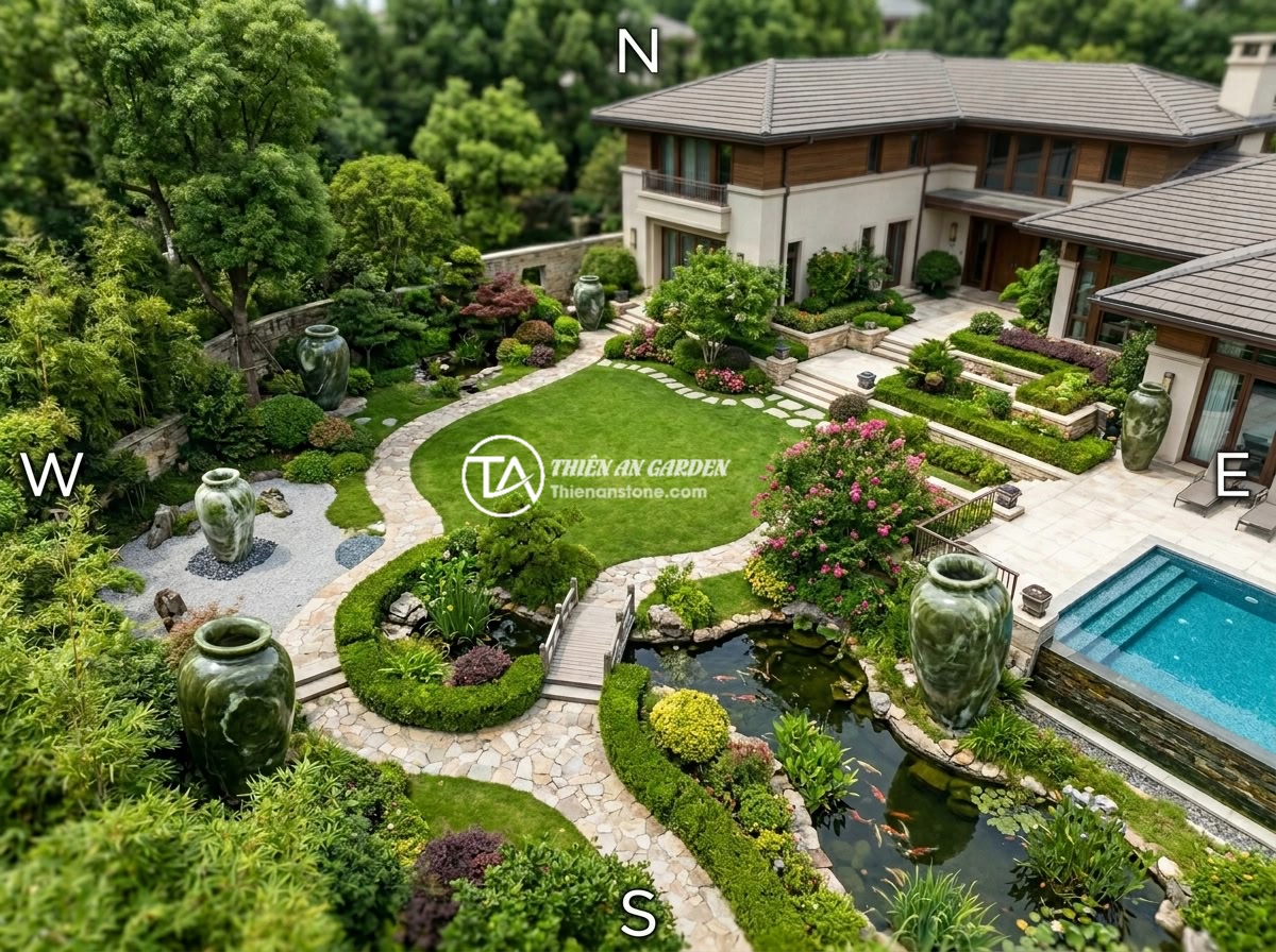 Chum đá phong thủy theo ngũ hành: Chọn loại hợp mệnh gia chủ chính xác nhất - A professional feng shui garden layout showing optimal placement of stone jars a