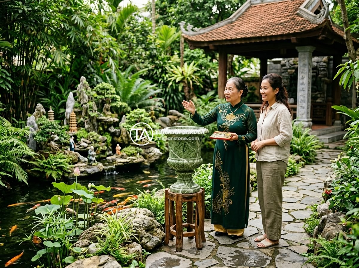 Chum đá phong thủy tự nhiên so với chum đá nhân tạo: Ưu điểm và nhược điểm chi tiết - Hình 10 Chum đá phong thủy tự nhiên so với chum đá nhân tạo: Ưu điểm và nhược điểm chi tiết - A feng shui expert consulting with a homeowner about the placement of a natural