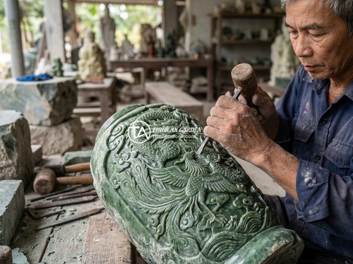 Chum đá phong thủy tự nhiên so với chum đá nhân tạo: Ưu điểm và nhược điểm chi tiết - Hình 2 Chum đá phong thủy tự nhiên so với chum đá nhân tạo: Ưu điểm và nhược điểm chi tiết - Close-up of a master craftsman hand-carving a large natural jade stone urn with