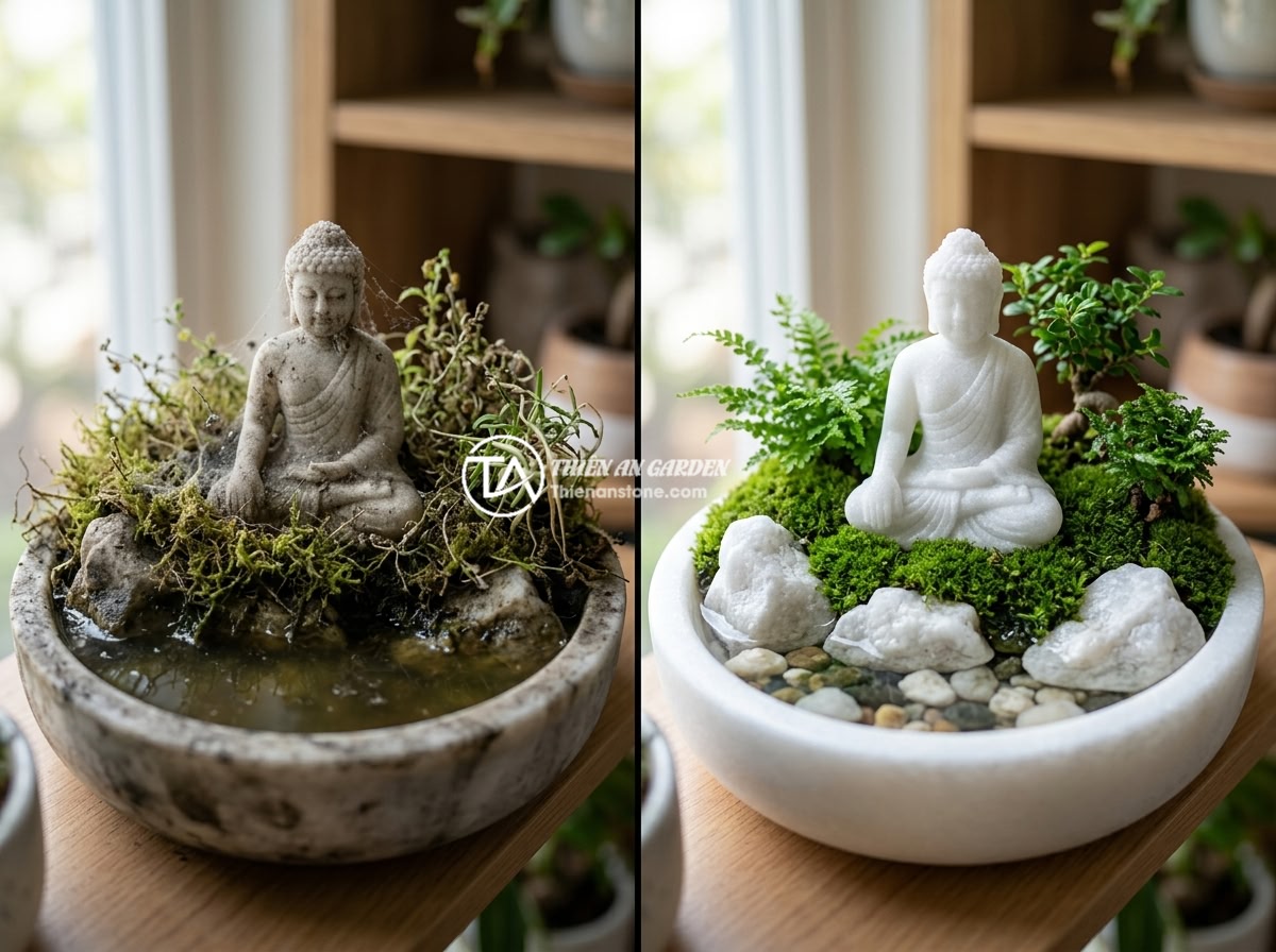 Có Nên Đặt Tiểu Cảnh Tượng Phật Trong Nhà? Lời Khuyên Từ Chuyên Gia - Before and after comparison photos showing a neglected indoor Buddha statue mini