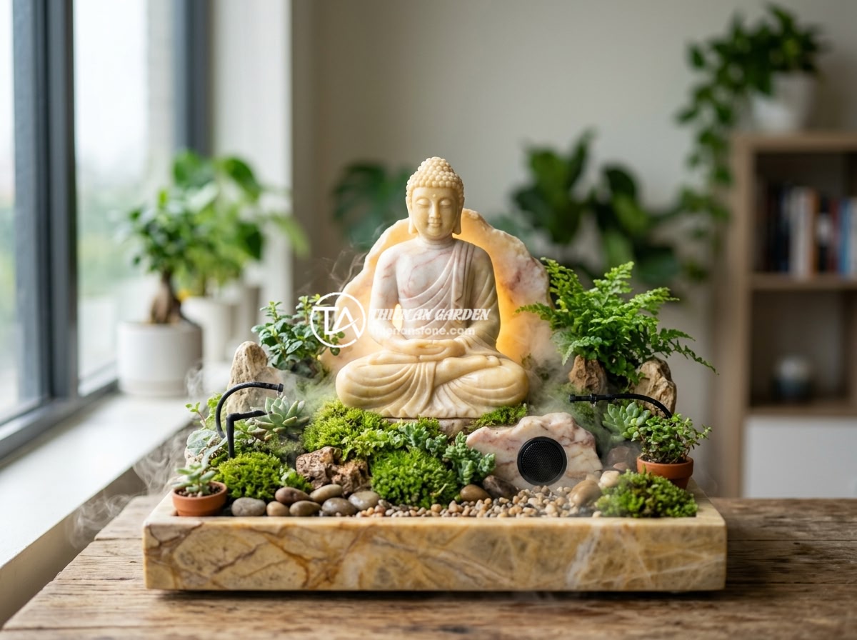 Có Nên Đặt Tiểu Cảnh Tượng Phật Trong Nhà? Lời Khuyên Từ Chuyên Gia - A modern smart miniature landscape with a natural stone Buddha statue featuring 