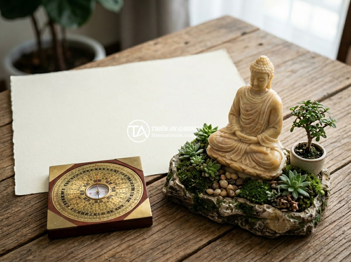 Có Nên Đặt Tiểu Cảnh Tượng Phật Trong Nhà? Lời Khuyên Từ Chuyên Gia - A feng shui compass placed next to a natural stone Buddha statue miniature lands