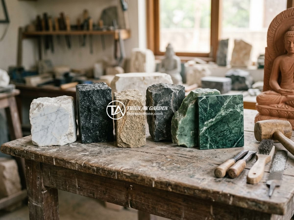 Có Nên Đặt Tiểu Cảnh Tượng Phật Trong Nhà? Lời Khuyên Từ Chuyên Gia - A collection of natural stone materials for Buddha statue sculpting including wh