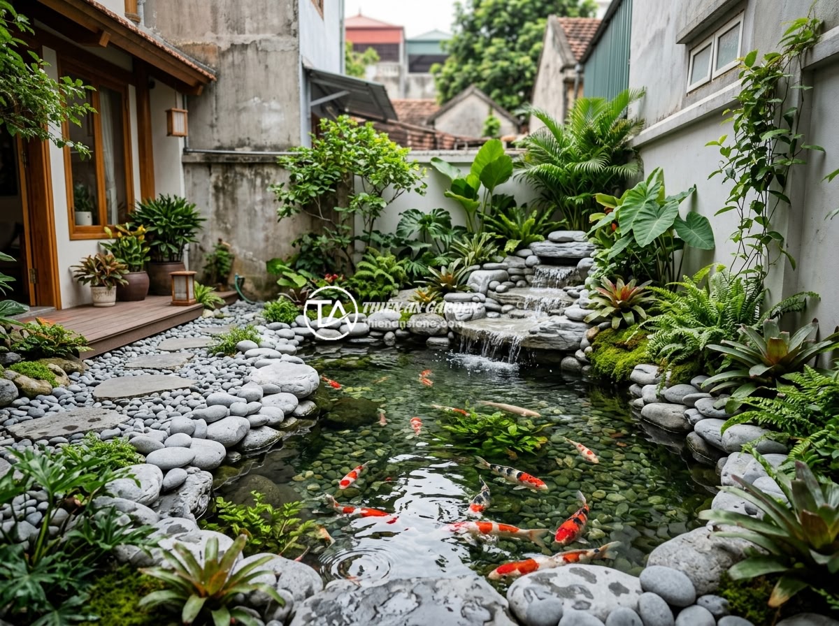 Có nên làm hồ cá Koi ở sân sau nhà ống không? Ưu và nhược điểm - Luxury Koi pond with natural stone waterfall feature in a compact urban Vietname