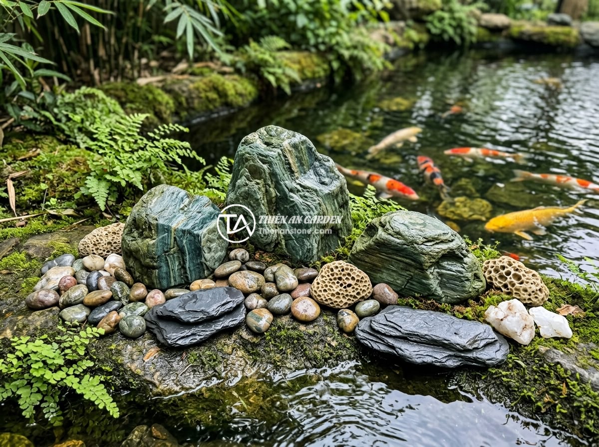 Có nên làm hồ cá Koi ở sân sau nhà ống không? Ưu và nhược điểm - Close-up of various natural stones used in Koi pond construction including river