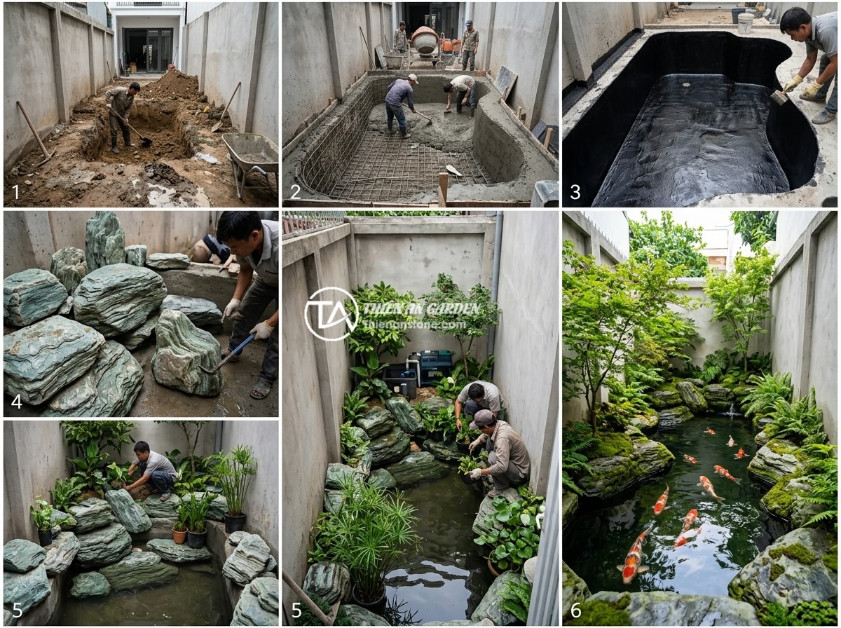 Có nên làm hồ cá Koi ở sân sau nhà ống không? Ưu và nhược điểm - Step-by-step construction process of a Koi pond in a tube house backyard, showin