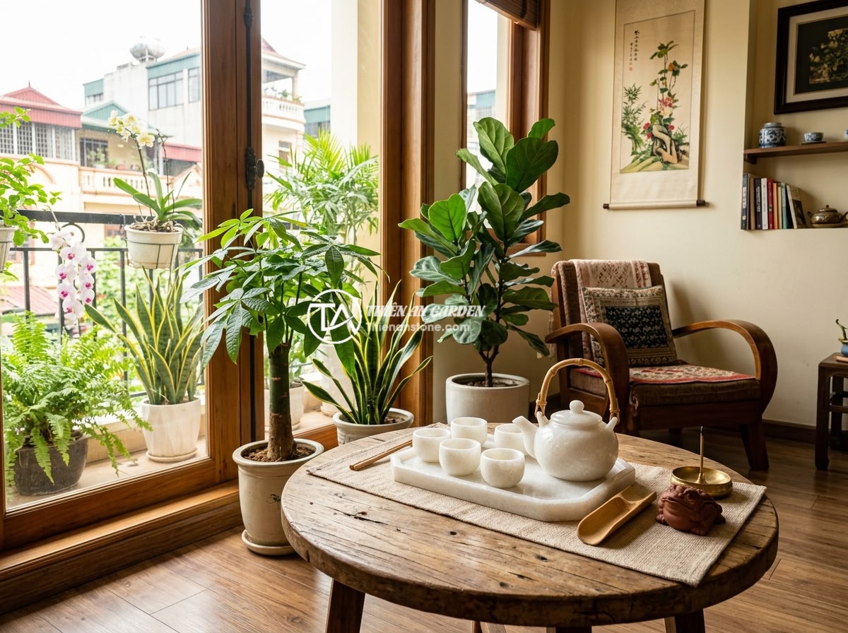 Có nên mua bộ ấm chén đá để làm quà tặng phong thủy không? - A feng shui arrangement showing a natural stone tea set placed in the southeast 