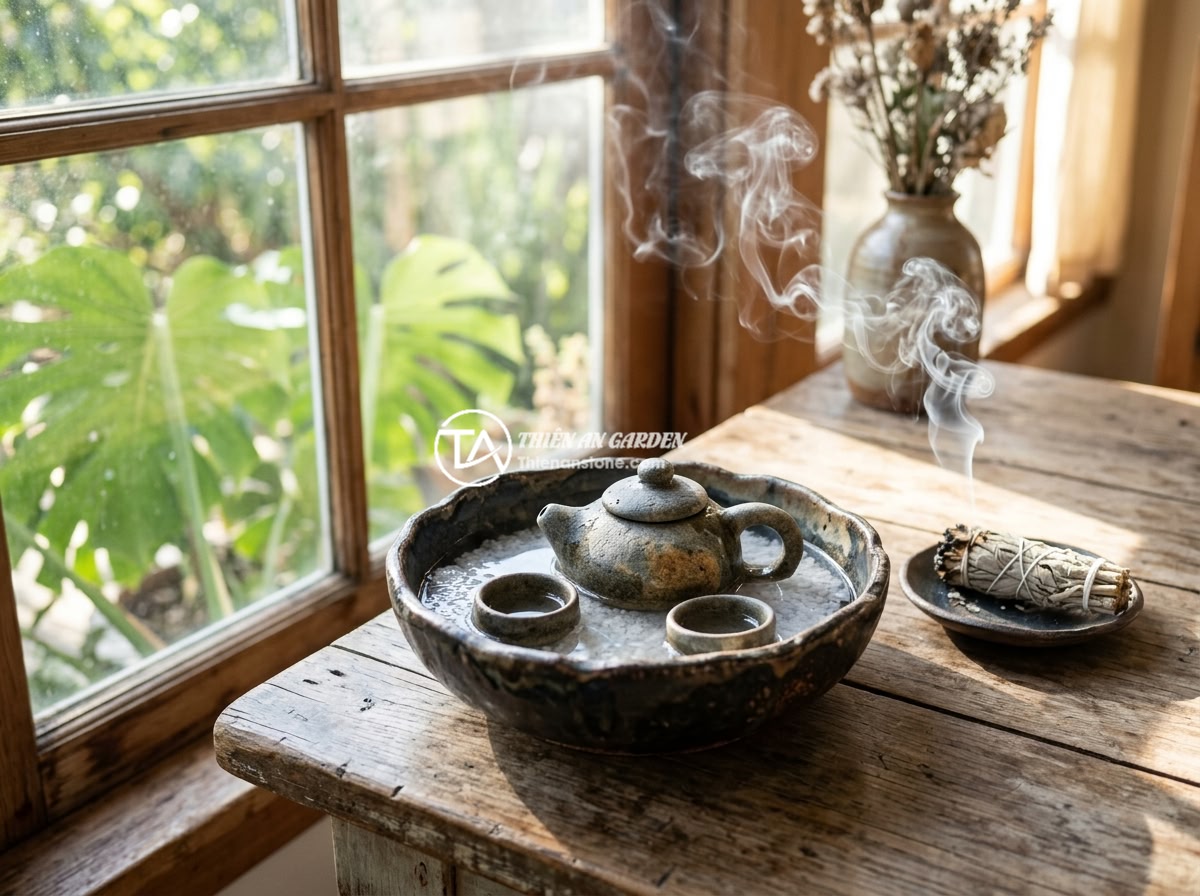 Có nên mua bộ ấm chén đá để làm quà tặng phong thủy không? - A natural stone tea set undergoing a purification ritual with sea salt water in 