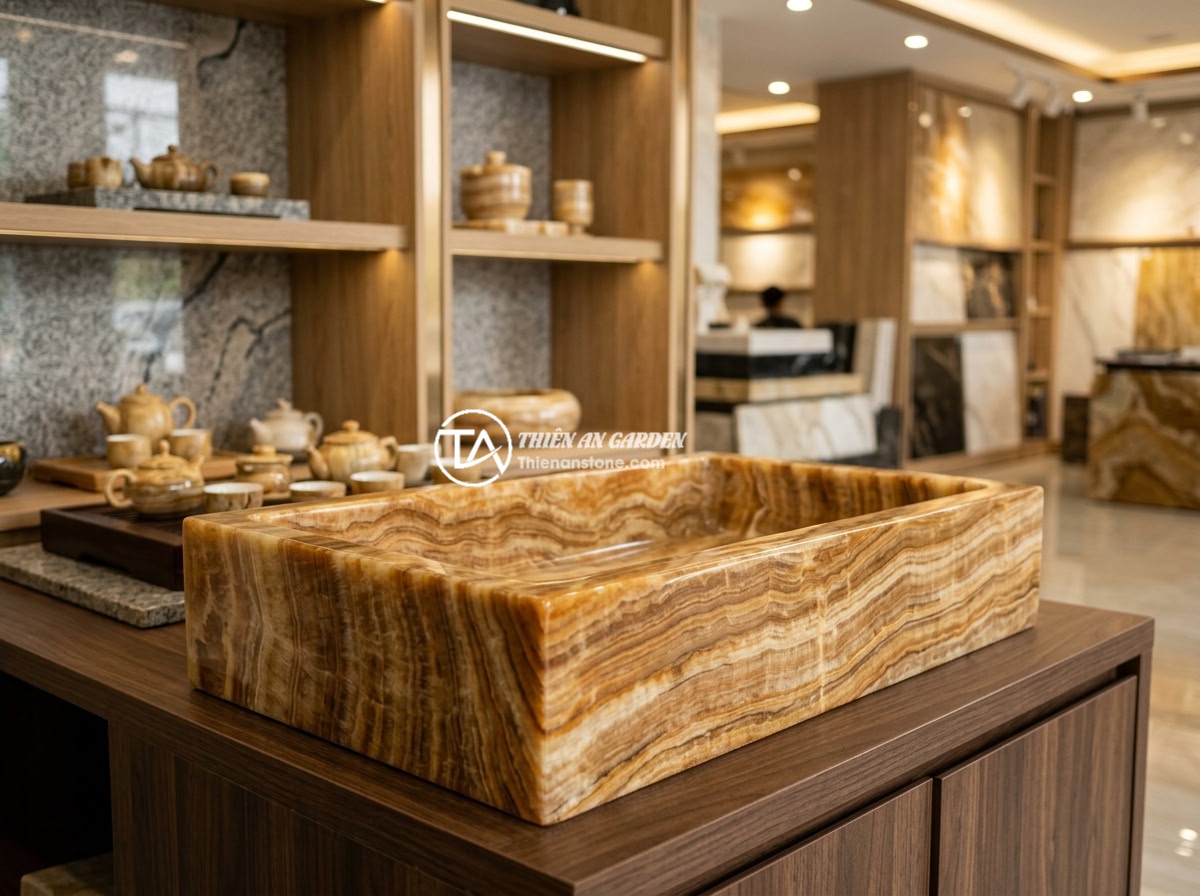Có nên mua bộ ấm chén đá để làm quà tặng phong thủy không? - Showroom display of Thien An Stone company featuring various premium natural sto