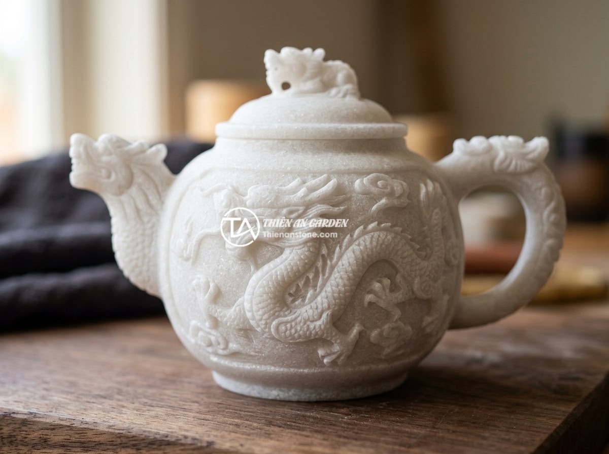 Có nên mua bộ ấm chén đá để làm quà tặng phong thủy không? - Close-up of a beautifully carved natural stone teapot with intricate dragon patt