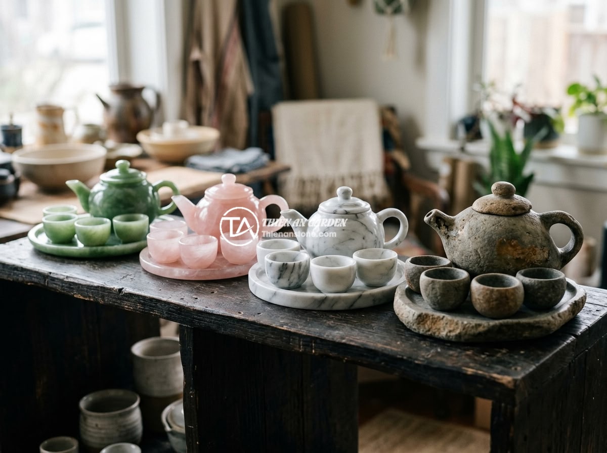 Có nên mua bộ ấm chén đá để làm quà tặng phong thủy không? - Various types of natural stone tea sets arranged side by side for comparison inc