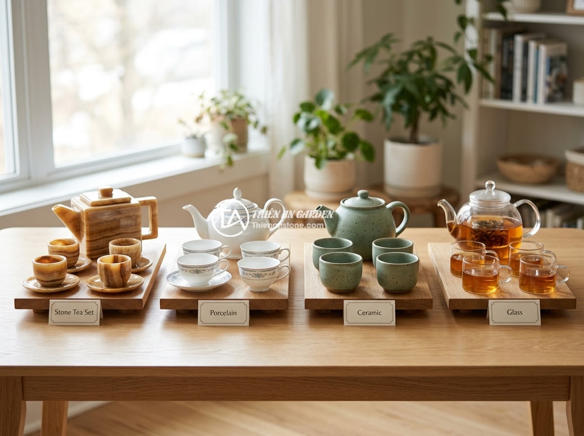 Có nên mua bộ ấm chén đá để làm quà tặng phong thủy không? - A comparison display showing four different tea sets made from stone, porcelain,
