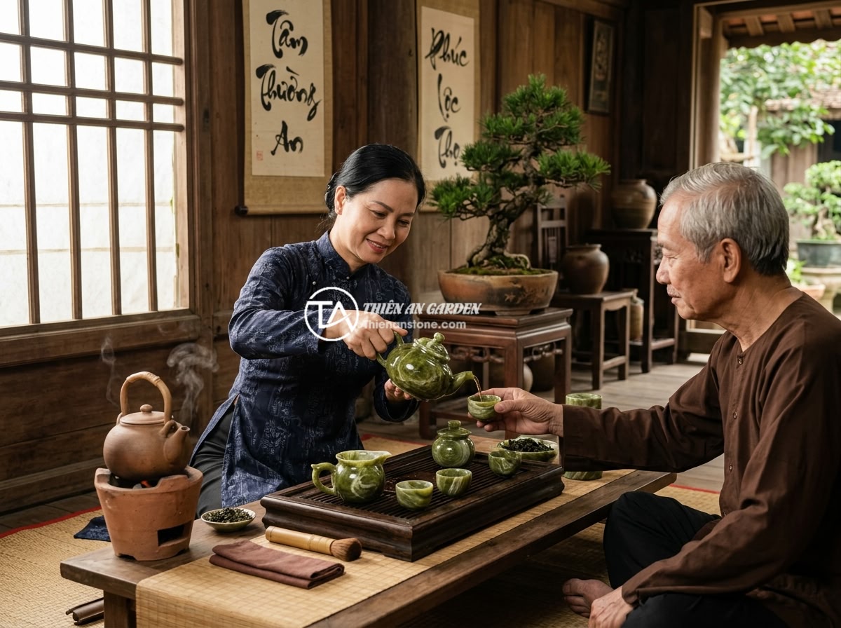 Có nên mua bộ ấm chén đá để làm quà tặng phong thủy không? - An elegant natural stone tea set being used for tea ceremony in a traditional Vi