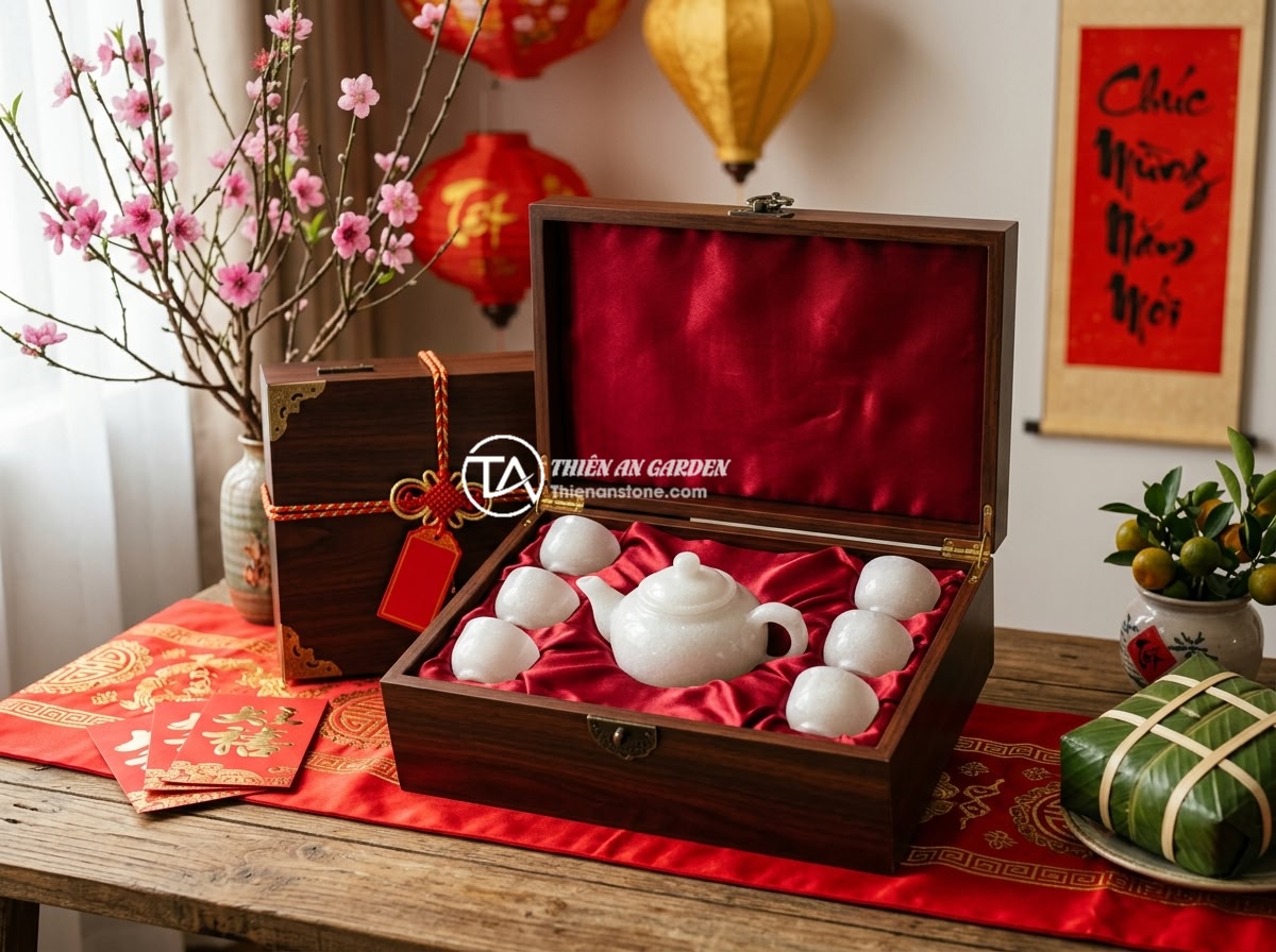 Có nên mua bộ ấm chén đá để làm quà tặng phong thủy không? - A gift-wrapped natural stone tea set in an elegant wooden box with red silk lini