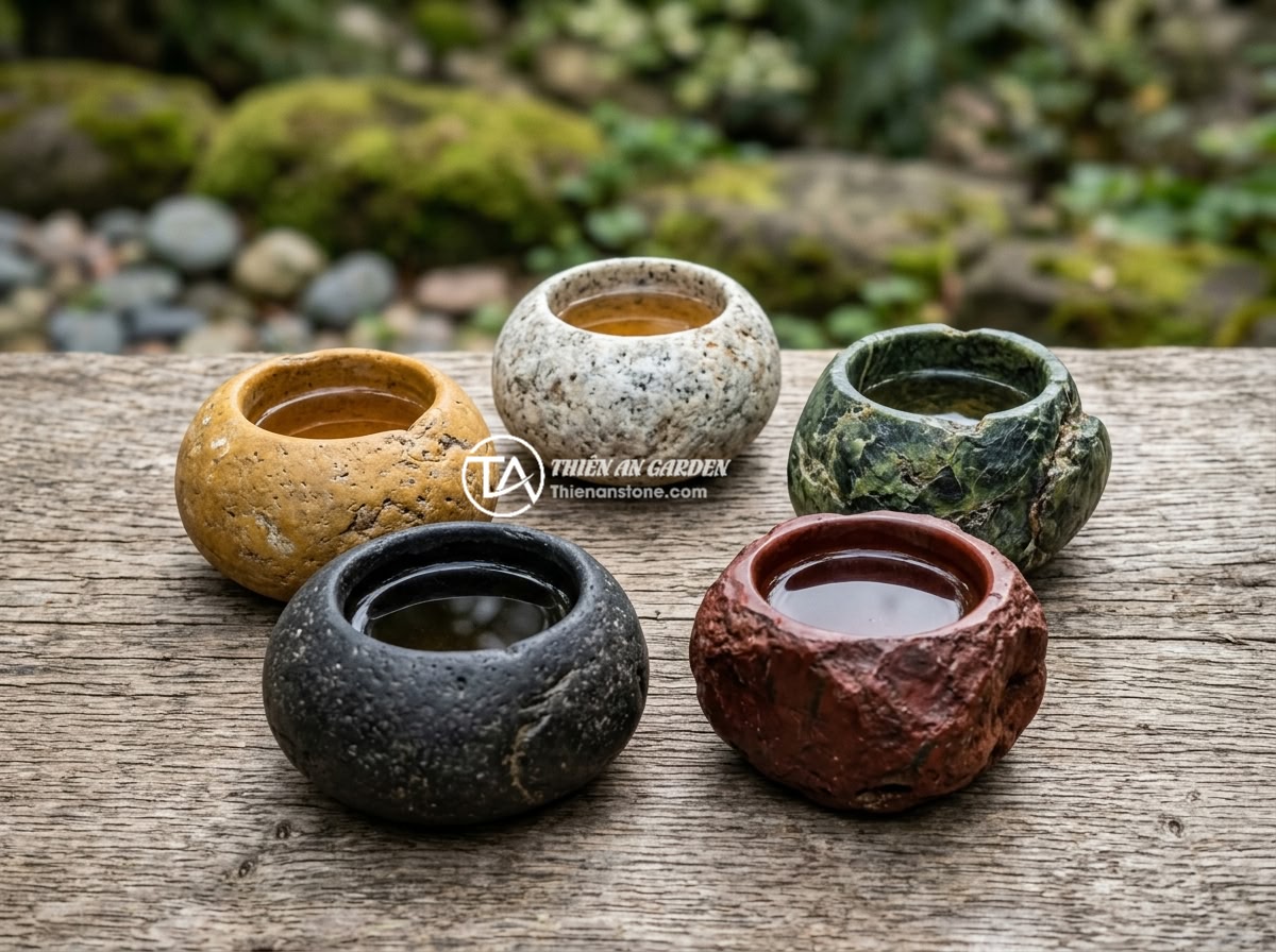 Có nên mua bộ ấm chén đá để làm quà tặng phong thủy không? - Five different colored natural stone tea cups arranged in a circle representing 