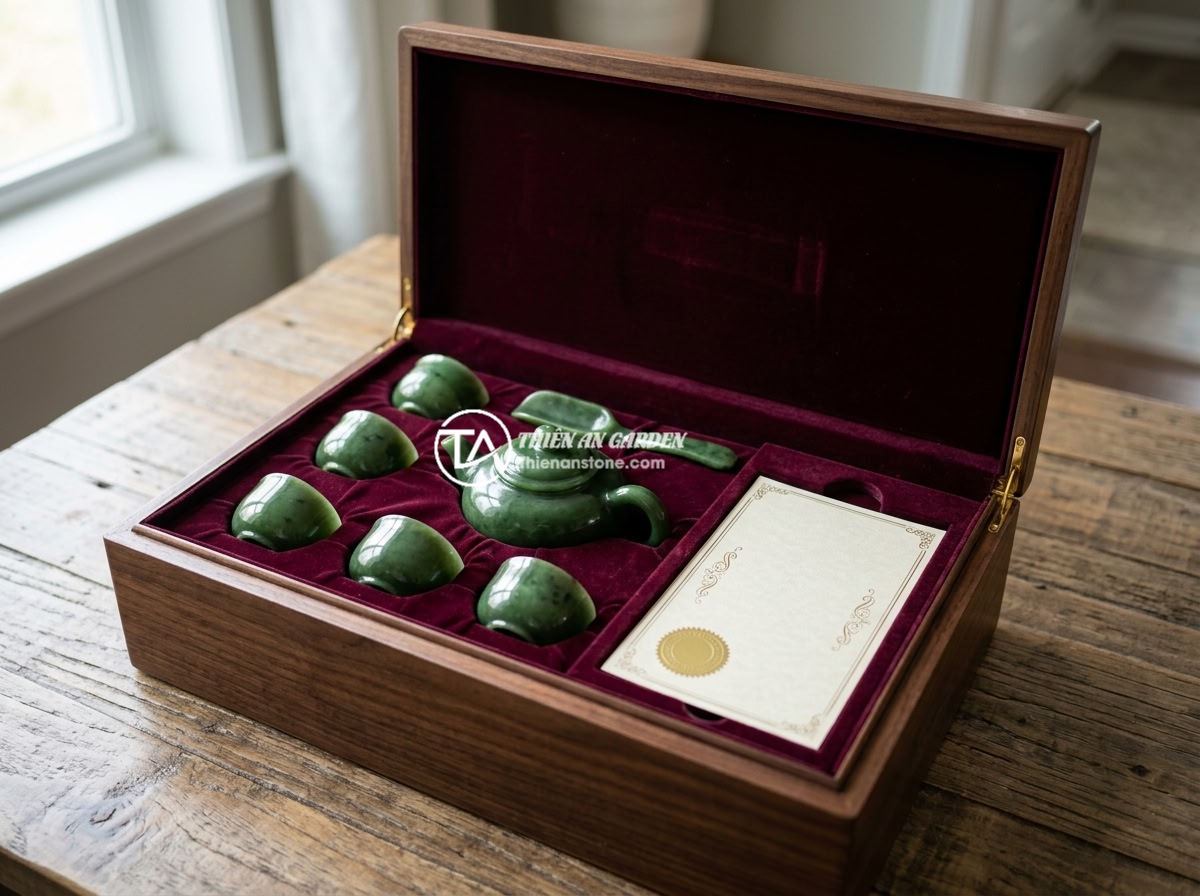 Có nên mua bộ ấm chén đá để làm quà tặng phong thủy không? - A premium gift set featuring a high-end natural jade stone tea set in a luxuriou