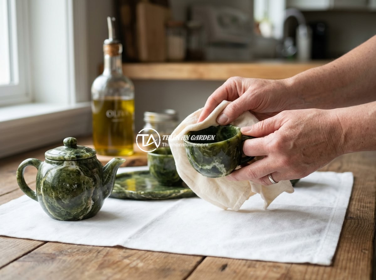 Có nên mua bộ ấm chén đá để làm quà tặng phong thủy không? - Hands carefully cleaning and maintaining a natural stone tea set with a soft clo