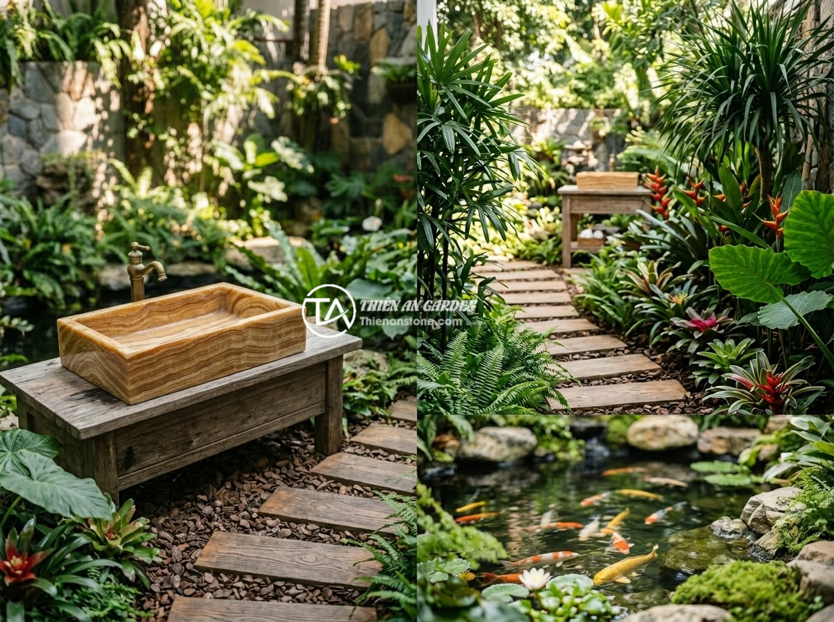 Đá dậm bước vân gỗ: Sự giao thoa giữa nét tự nhiên và sự ấm áp - Hình 12 Đá dậm bước vân gỗ: Sự giao thoa giữa nét tự nhiên và sự ấm áp - Completed beautiful garden project by Thien An Stone featuring wood grain steppi