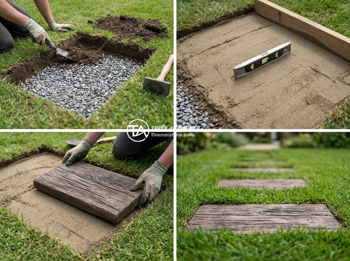 Đá dậm bước vân gỗ: Sự giao thoa giữa nét tự nhiên và sự ấm áp - Hình 6 Đá dậm bước vân gỗ: Sự giao thoa giữa nét tự nhiên và sự ấm áp - Step-by-step installation process of wood grain stepping stones, showing ground