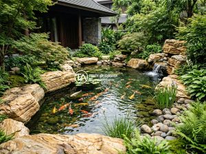 Đá Làm Hồ Cá Koi: Hướng Dẫn Chi Tiết Chọn Đá Đúng – Thi Công Đẹp & Bền - Natural stone koi pond surrounded by lush greenery in a luxury villa garden, fea