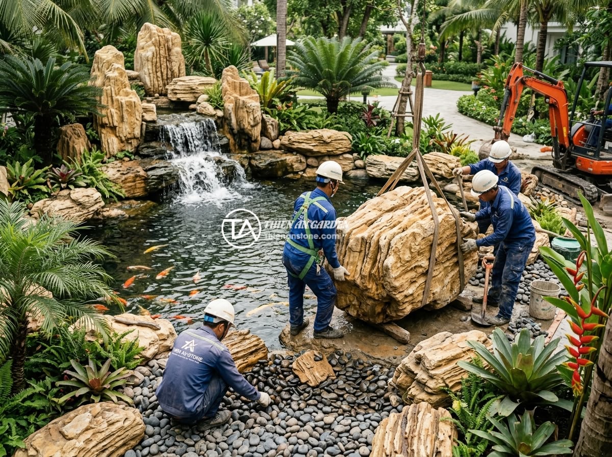 Đá Làm Hồ Cá Koi: Hướng Dẫn Chi Tiết Chọn Đá Đúng – Thi Công Đẹp & Bền - Hình 13 Đá Làm Hồ Cá Koi: Hướng Dẫn Chi Tiết Chọn Đá Đúng – Thi Công Đẹp & Bền - Professional team from Thien An Stone company working on a luxury koi pond proje