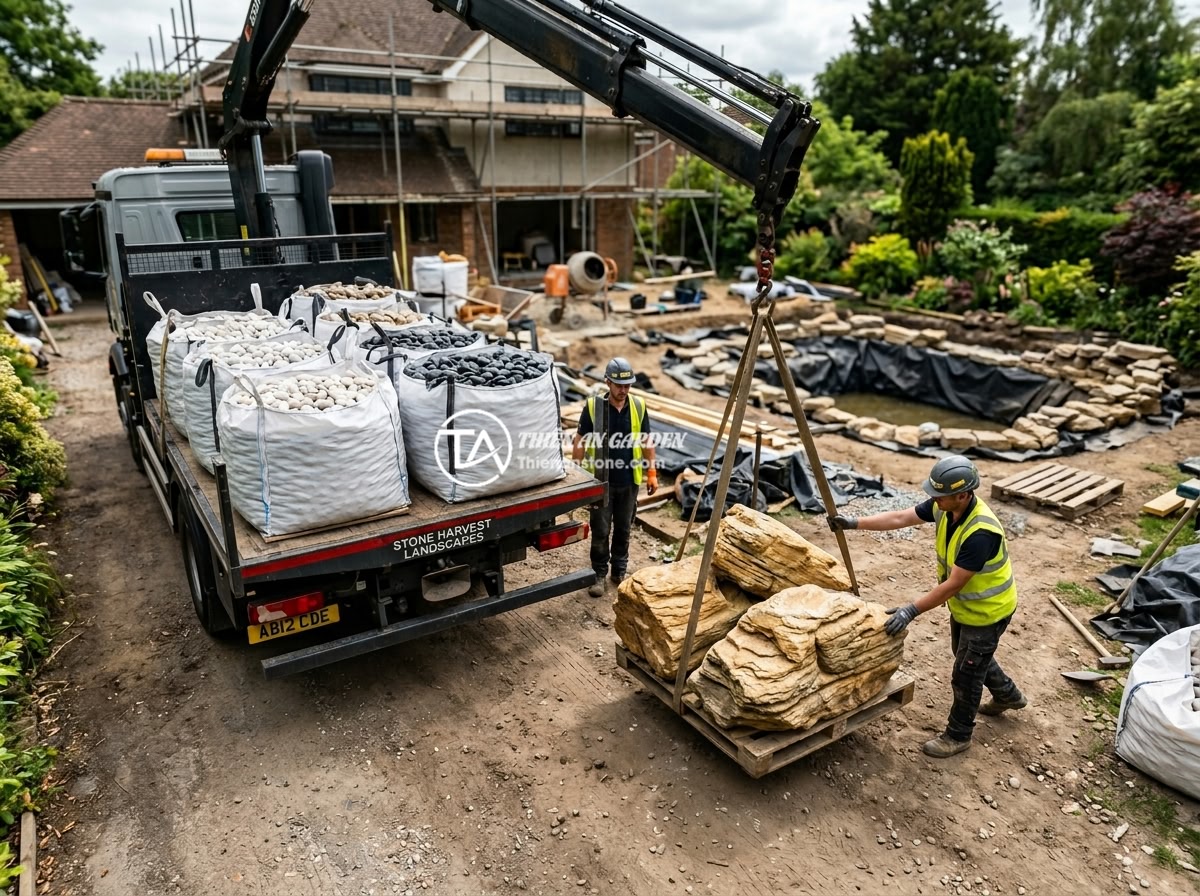 Đá Làm Hồ Cá Koi: Hướng Dẫn Chi Tiết Chọn Đá Đúng – Thi Công Đẹp & Bền - Hình 9 Đá Làm Hồ Cá Koi: Hướng Dẫn Chi Tiết Chọn Đá Đúng – Thi Công Đẹp & Bền - Bulk delivery of various natural stones for koi pond project, including bags of