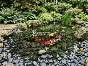 Đá Lót Nền Hồ Cá Koi Nên Dùng Loại Nào? Sai Lầm Thường Gặp - Natural stone bottom lining inside a large outdoor Koi fish pond with crystal cl