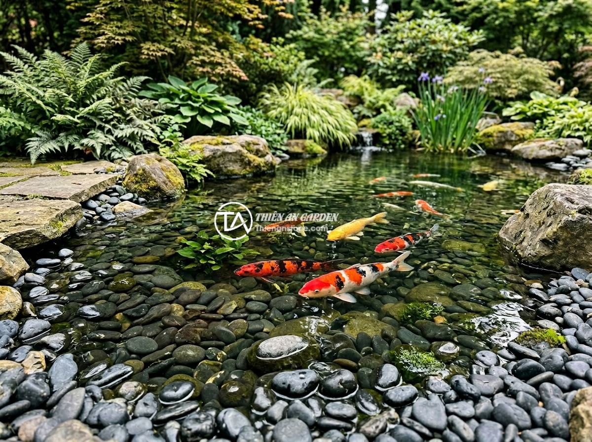 Đá Lót Nền Hồ Cá Koi Nên Dùng Loại Nào? Sai Lầm Thường Gặp - Hình 1 Đá Lót Nền Hồ Cá Koi Nên Dùng Loại Nào? Sai Lầm Thường Gặp - Natural stone bottom lining inside a large outdoor Koi fish pond with crystal cl