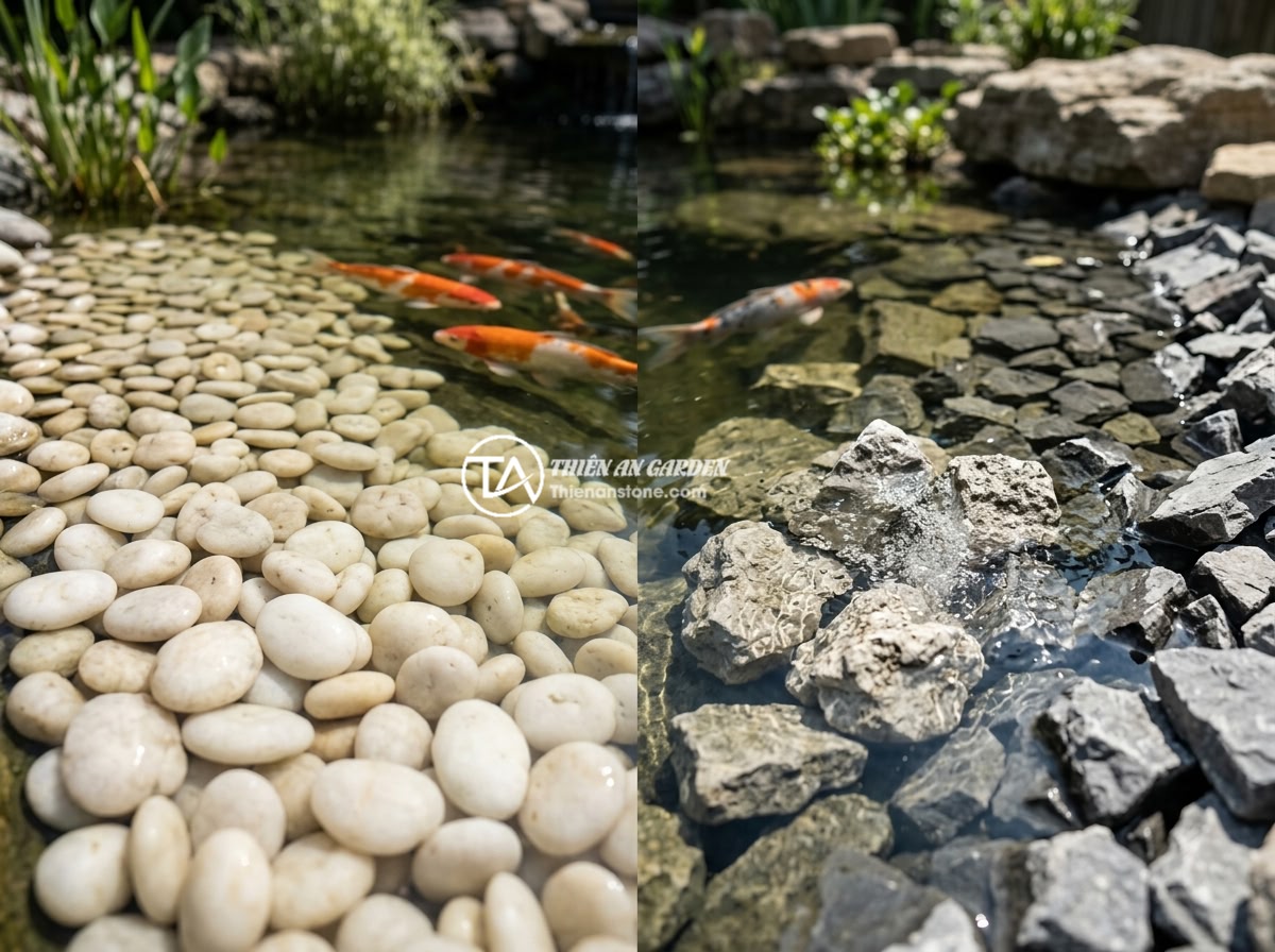 Đá Lót Nền Hồ Cá Koi Nên Dùng Loại Nào? Sai Lầm Thường Gặp - Hình 4 Đá Lót Nền Hồ Cá Koi Nên Dùng Loại Nào? Sai Lầm Thường Gặp - Common mistakes in Koi pond stone selection showing comparison between correct s