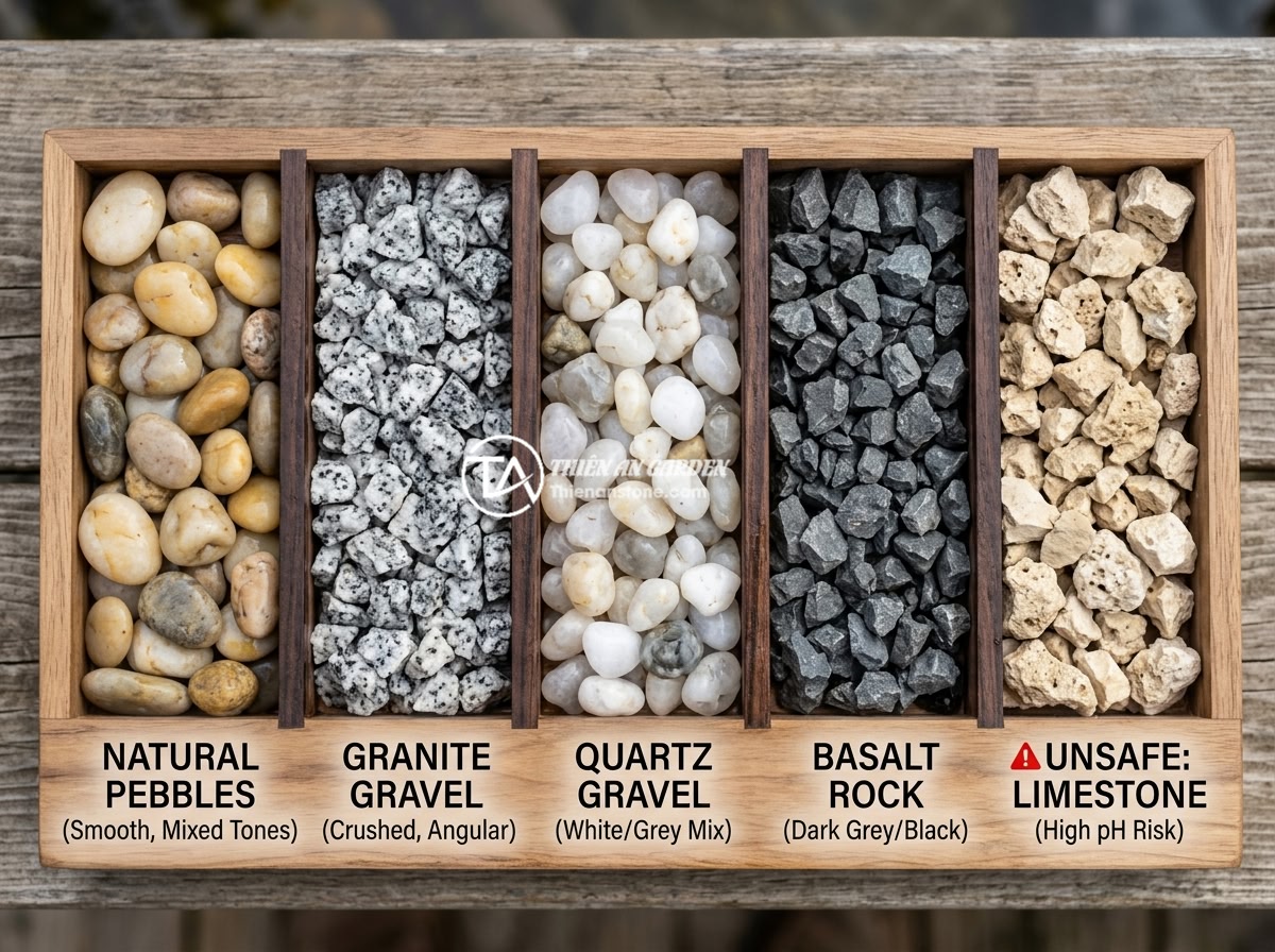 Đá Lót Nền Hồ Cá Koi Nên Dùng Loại Nào? Sai Lầm Thường Gặp - Hình 5 Đá Lót Nền Hồ Cá Koi Nên Dùng Loại Nào? Sai Lầm Thường Gặp - Top-down view comparison chart of different stone types for Koi pond bottom show