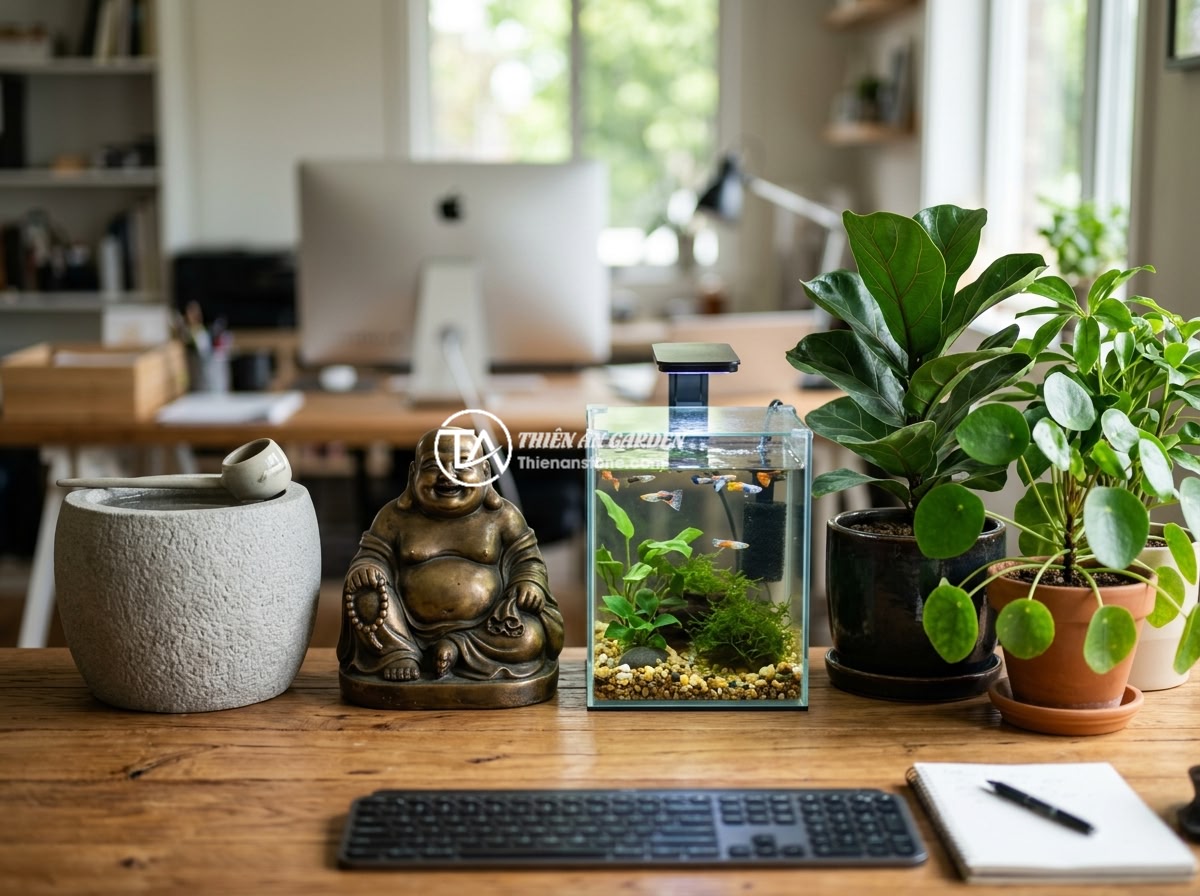Đặt chum đá phong thủy ở văn phòng làm việc mang lại lợi ích gì cho công việc? - Side by side comparison of different feng shui items in an office setting - ston