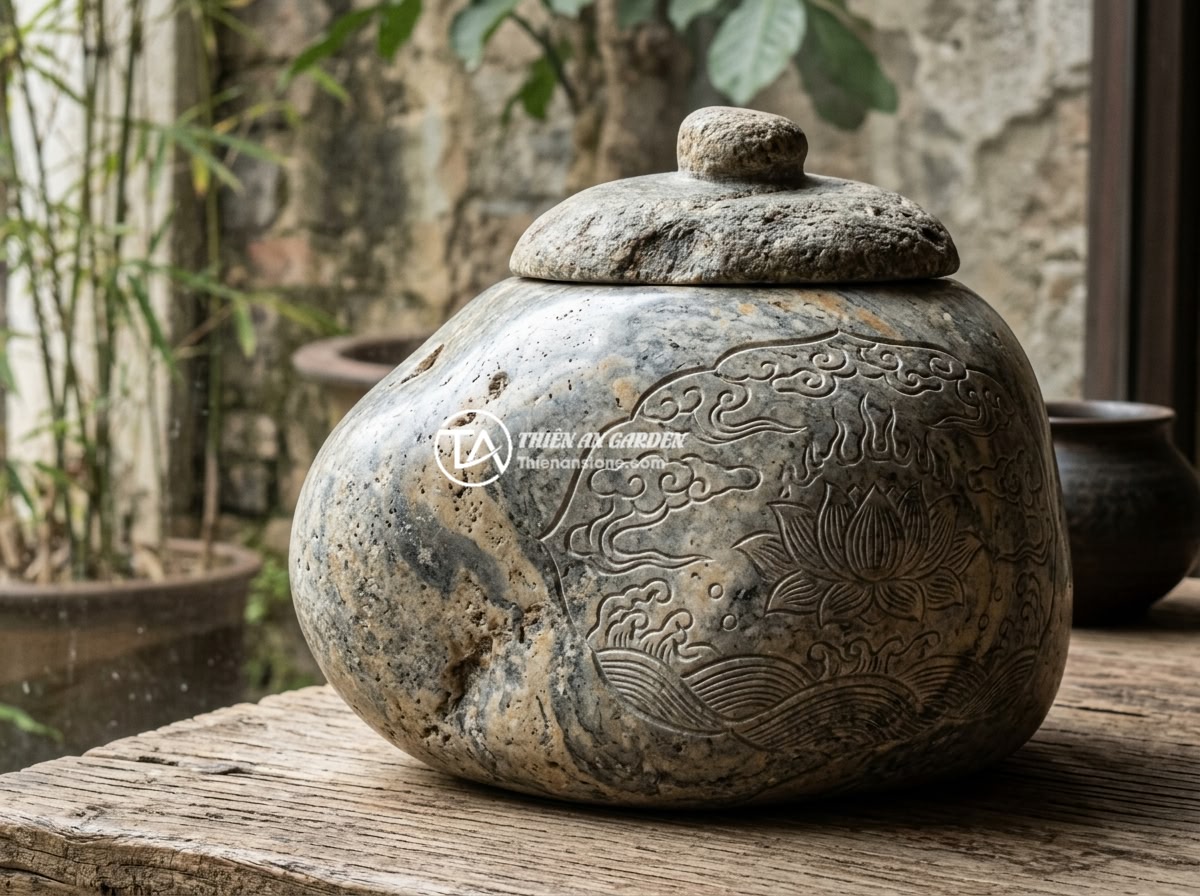 Đặt chum đá phong thủy ở văn phòng làm việc mang lại lợi ích gì cho công việc? - Close-up detail of a high-quality natural stone feng shui jar showing beautiful 