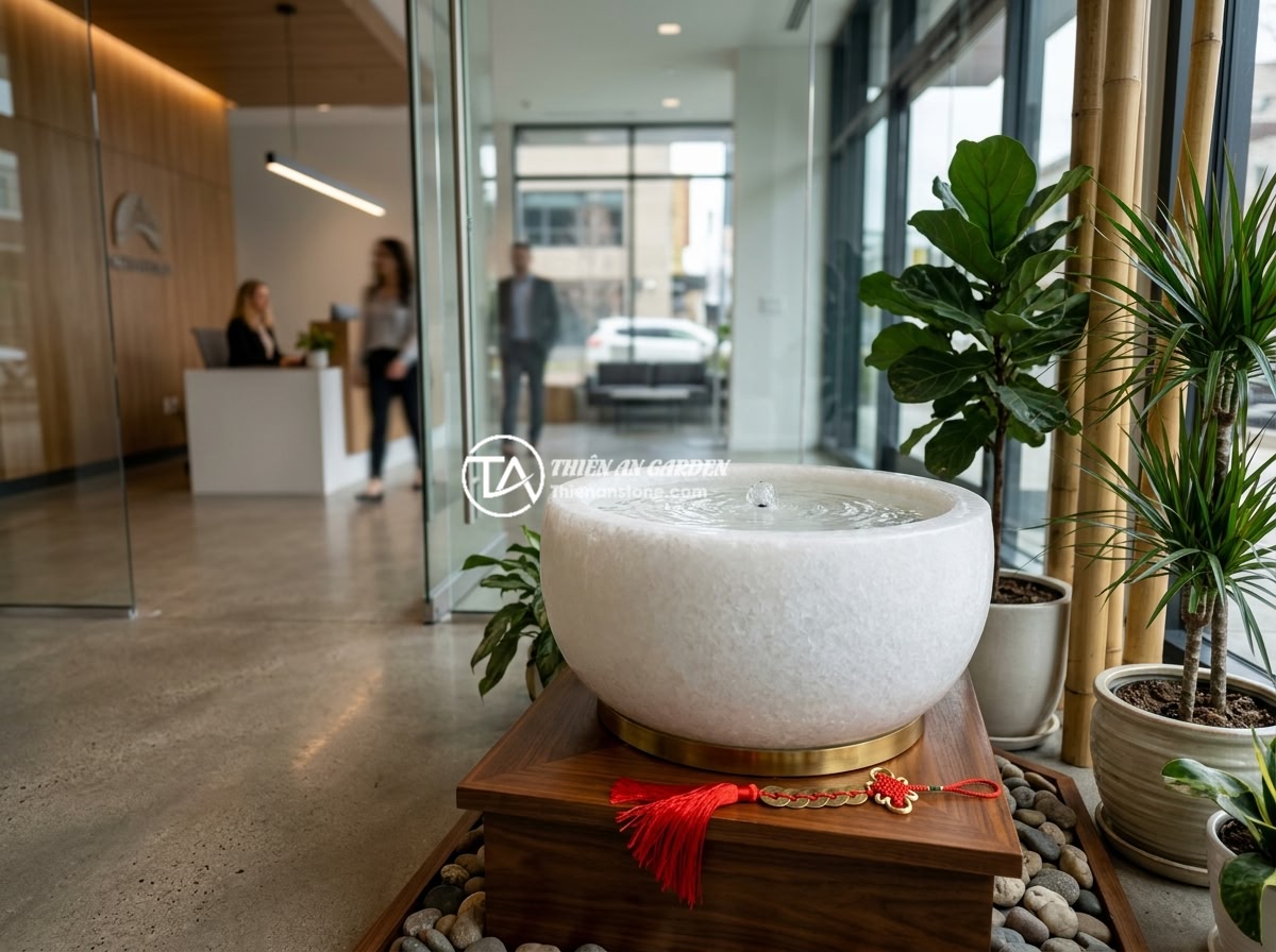 Đặt chum đá phong thủy ở văn phòng làm việc mang lại lợi ích gì cho công việc? - A feng shui stone jar placed at the entrance of a corporate office with water fl