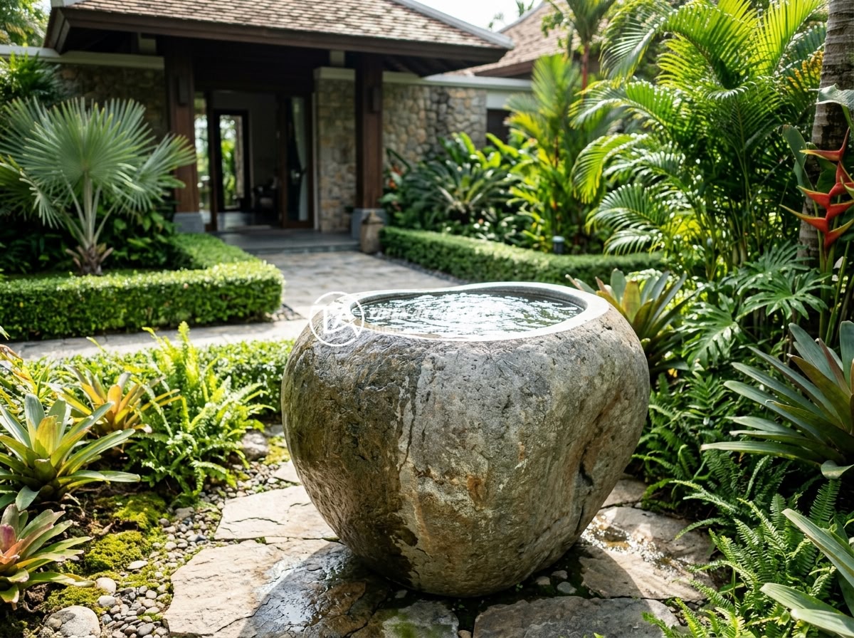 Dịch vụ thi công chum đá phong thủy chuyên nghiệp cho biệt thự và resort - A luxurious natural stone feng shui urn placed at the entrance of a modern Vietn