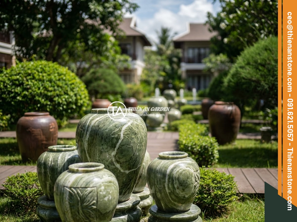Dịch vụ thi công chum đá phong thủy chuyên nghiệp cho biệt thự và resort - Hình 10 Dịch vụ thi công chum đá phong thủy chuyên nghiệp cho biệt thự và resort - Showcase of completed projects by Da Canh Thien An, featuring multiple feng shui