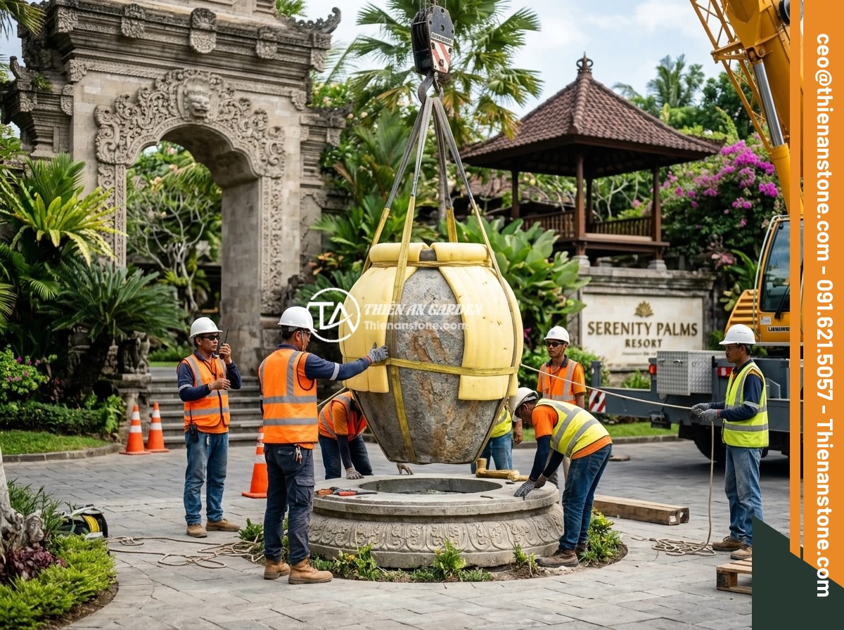 Dịch vụ thi công chum đá phong thủy chuyên nghiệp cho biệt thự và resort - Hình 3 Dịch vụ thi công chum đá phong thủy chuyên nghiệp cho biệt thự và resort - Professional construction team using a crane to carefully install a large natura