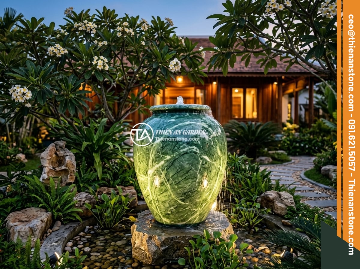 Dịch vụ thi công chum đá phong thủy chuyên nghiệp cho biệt thự và resort - Hình 4 Dịch vụ thi công chum đá phong thủy chuyên nghiệp cho biệt thự và resort - A completed feng shui stone urn installation at a premium Vietnamese villa garde