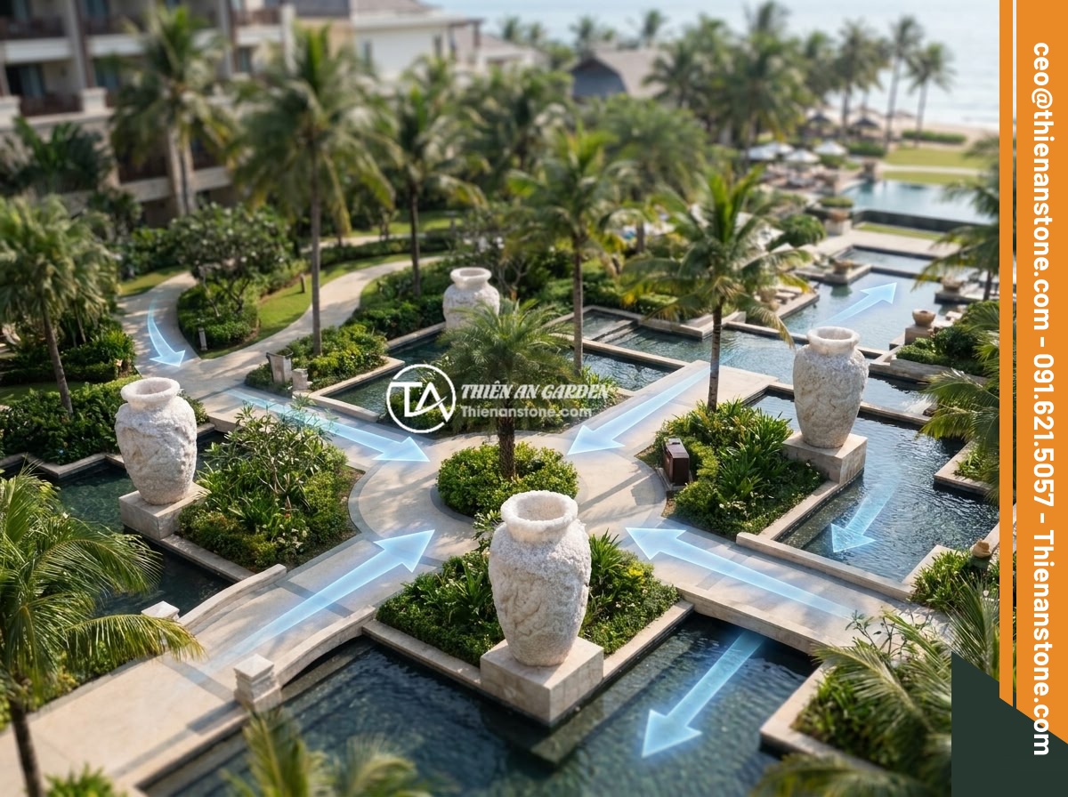 Dịch vụ thi công chum đá phong thủy chuyên nghiệp cho biệt thự và resort - Hình 6 Dịch vụ thi công chum đá phong thủy chuyên nghiệp cho biệt thự và resort - Aerial view of a resort garden showing optimal feng shui placement of multiple s