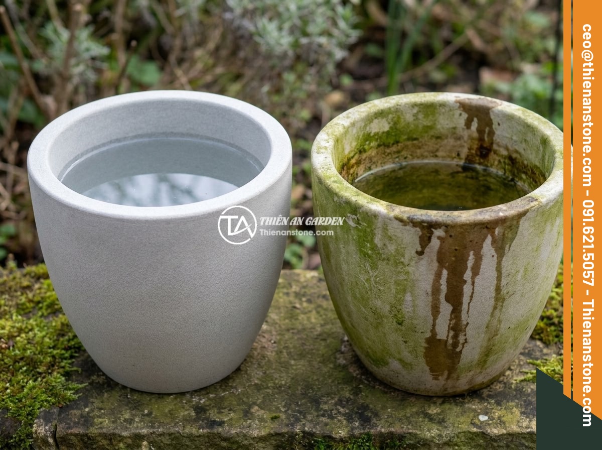Dịch vụ thi công chum đá phong thủy chuyên nghiệp cho biệt thự và resort - Hình 8 Dịch vụ thi công chum đá phong thủy chuyên nghiệp cho biệt thự và resort - Close-up comparison showing a well-maintained feng shui stone urn with crystal c