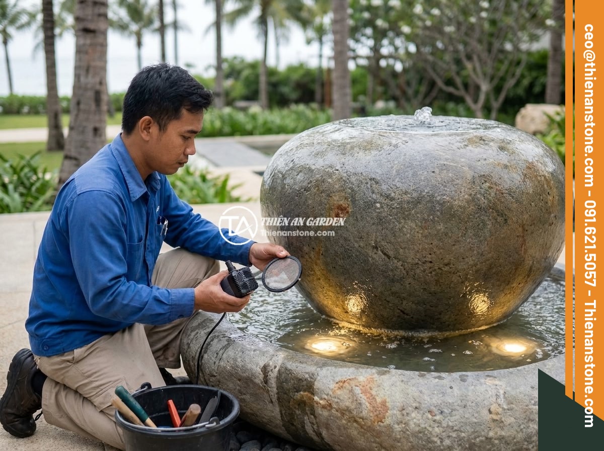 Dịch vụ thi công chum đá phong thủy chuyên nghiệp cho biệt thự và resort - Hình 9 Dịch vụ thi công chum đá phong thủy chuyên nghiệp cho biệt thự và resort - A maintenance technician performing routine inspection on a feng shui stone urn