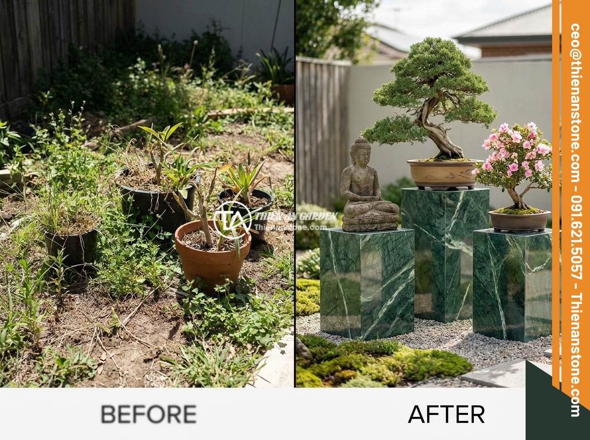Dịch vụ thi công đôn đá tự nhiên chuyên nghiệp: Quy trình và lợi ích - Before and after comparison of a garden transformation featuring natural stone p