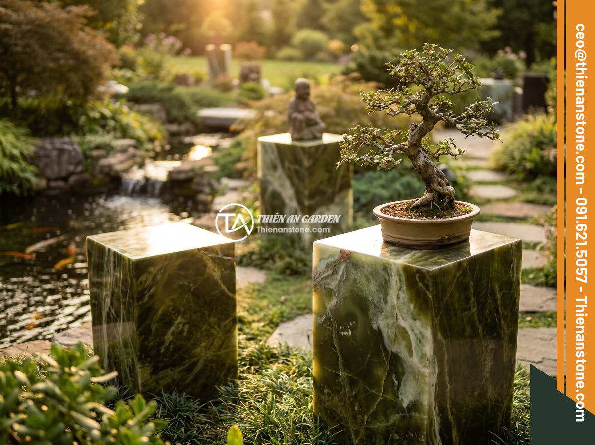 Dịch vụ thi công đôn đá tự nhiên chuyên nghiệp: Quy trình và lợi ích - Natural stone pedestals used in various garden applications: one supporting a bo