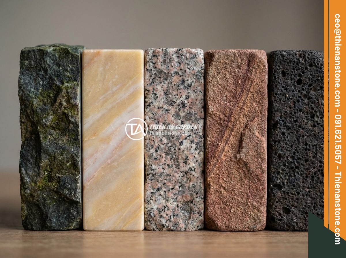 Dịch vụ thi công đôn đá tự nhiên chuyên nghiệp: Quy trình và lợi ích - Close-up comparison of five different types of natural stone surfaces side by si